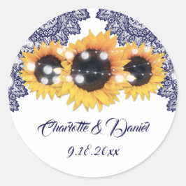 Elegante Navyblauwe Rustieke Zonnebloem Bruiloft Ronde Sticker