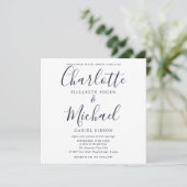 Elegante Navyblauwe Script Trouwfoto Kaart (Staand voorkant)