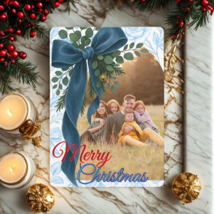 Elegante Navyblauwe Strik & Verse Groene Takken Fo Feestdagenkaart