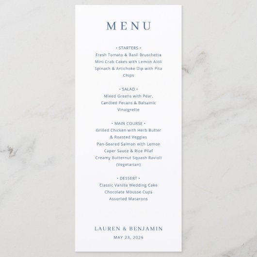 Elegante Navyblauwe Trouwmenu met Serif-lettertype Menu (Voorkant)