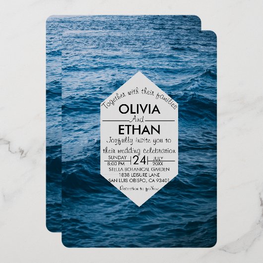 Elegante Navyblauwe Zee Golven Zomer Bruiloft Folie Uitnodiging (Voorkant / Achterkant)