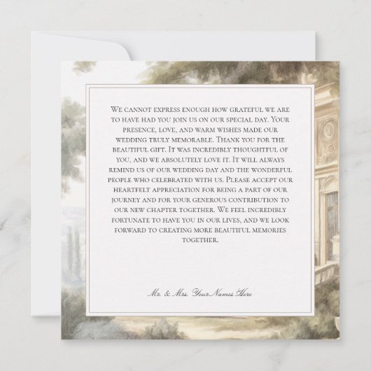 Elegante neoklassieke  scènes bruiloft bedankkaart (Achterkant)