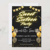 Elegante neon Gold Balloo retro Sweet 16th Birthda Kaart (Voorkant)