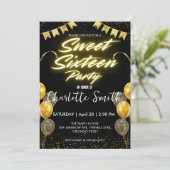 Elegante neon Gold Balloo retro Sweet 16th Birthda Kaart (Staand voorkant)