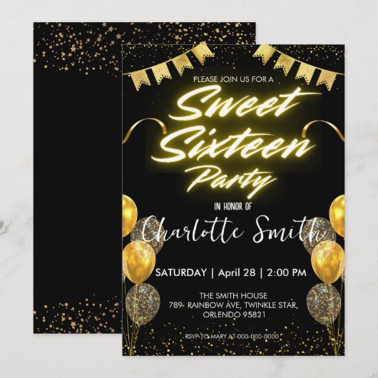 Elegante neon Gold Balloo retro Sweet 16th Birthda Kaart (Voorkant / Achterkant)