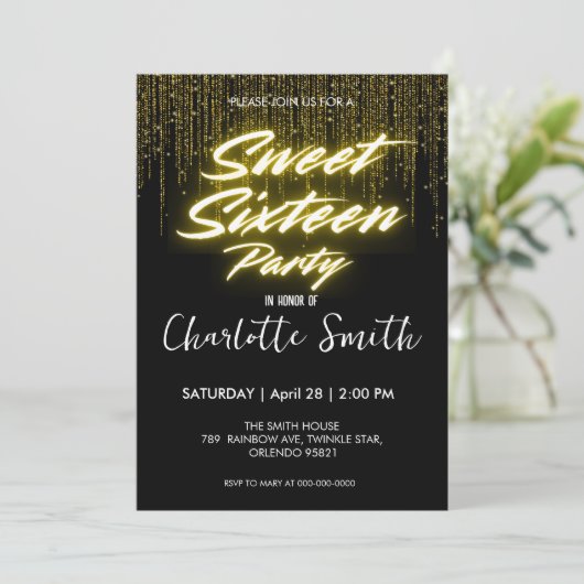 Elegante neon Gold Black retro Sweet 16th Birthday Bedankkaart (Staand voorkant)