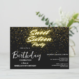 Elegante neon Gold Black retro Sweet 16th Birthday Kaart