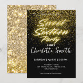 Elegante neon Gold Black retro Sweet 16th Birthday Kaart (Voorkant / Achterkant)