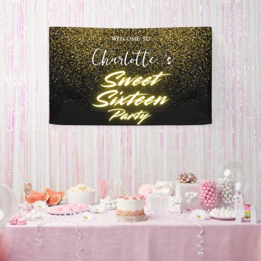 Elegante neon Gold Black retro Sweet 16th Birthday Spandoek (Feest)