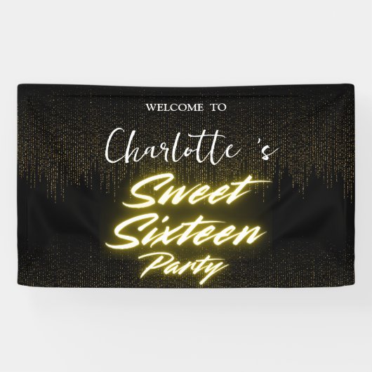 Elegante neon Gold Black retro Sweet 16th Birthday Spandoek (Horizontaal)