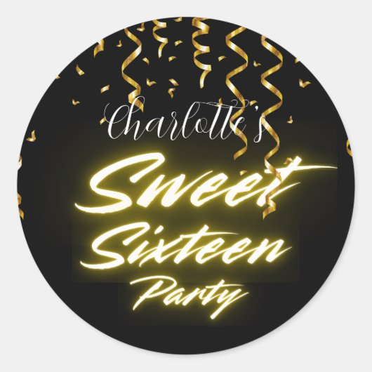 Elegante neon goud Black Retro Sweet 16e Verjaarda Ronde Sticker (Voorkant)