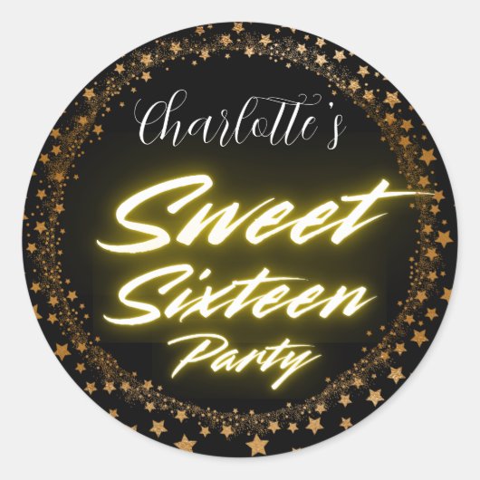 Elegante neon goud Black Retro Sweet 16e Verjaarda Ronde Sticker (Voorkant)