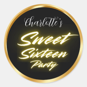Elegante neon goud Black Retro Sweet 16e Verjaarda Ronde Sticker