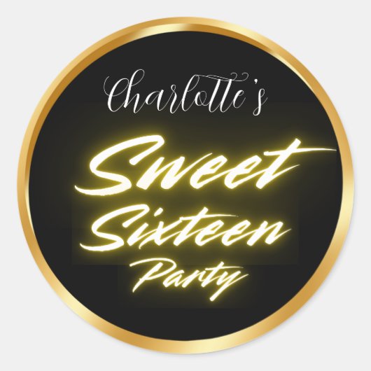 Elegante neon goud Black Retro Sweet 16e Verjaarda Ronde Sticker (Voorkant)