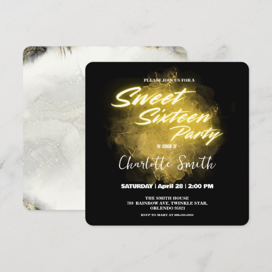 Elegante neon goud roze marmer Sweet 16th Birthday Bedankkaart (Voorkant / Achterkant)