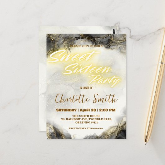 Elegante neon goud roze marmer Sweet 16th Birthday Briefkaart (Voorkant / Achterkant in situ)