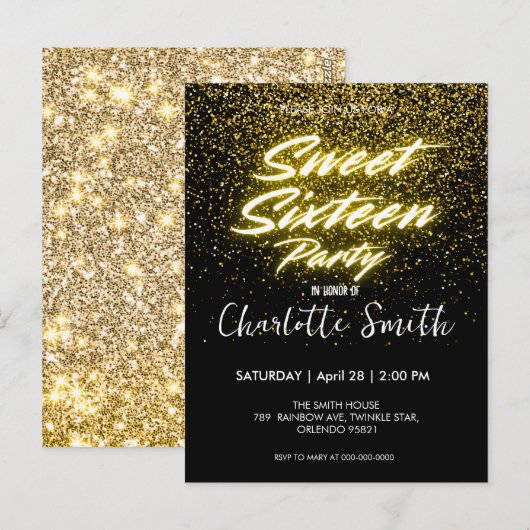 Elegante neon Goud Zwart retro Sweet 16de Verjaard Briefkaart (Voorkant / Achterkant)