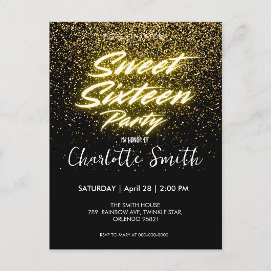 Elegante neon Goud Zwart retro Sweet 16de Verjaard Briefkaart (Voorkant)