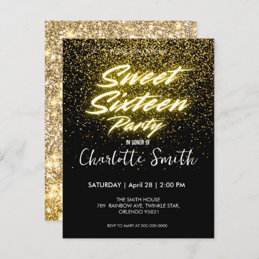 Elegante neon Goud Zwart retro Sweet 16th Verjaard Briefkaart (Voorkant / Achterkant)