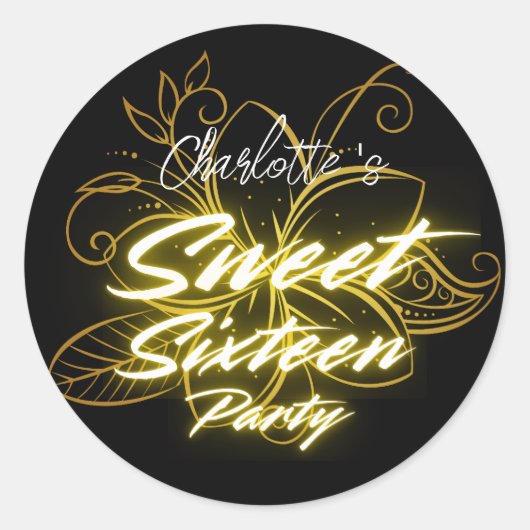 Elegante neon goud Zwarte bloem Sweet 16th Birthda Ronde Sticker (Voorkant)