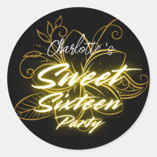 Elegante neon goud Zwarte bloem Sweet 16th Birthda Ronde Sticker