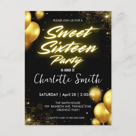 Elegante neon gouden Balloo retro Sweet 16 verjaar Briefkaart (Voorkant)
