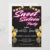 Elegante neon Gouden roze retro Sweet 16th Birthda Kaart (Voorkant)