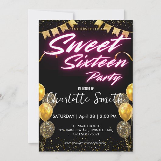 Elegante neon Gouden roze retro Sweet 16th Birthda Kaart (Voorkant)