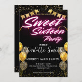 Elegante neon Gouden roze retro Sweet 16th Birthda Kaart (Voorkant / Achterkant)