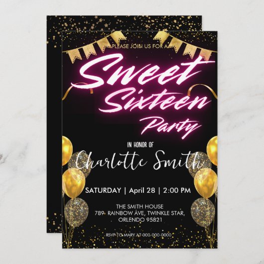 Elegante neon Gouden roze retro Sweet 16th Birthda Kaart (Voorkant / Achterkant)