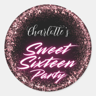 Elegante neon Pink Black Retro Sweet 16e verjaarda Ronde Sticker
