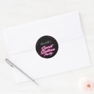 Elegante neon Pink Black Retro Sweet 16e verjaarda Ronde Sticker