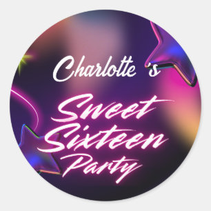Elegante neon Pink Black Retro Sweet 16e verjaarda Ronde Sticker