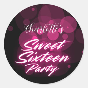Elegante neon Pink Black Retro Sweet 16e verjaarda Ronde Sticker