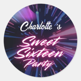 Elegante neon Pink Black Retro Sweet 16e verjaarda Ronde Sticker