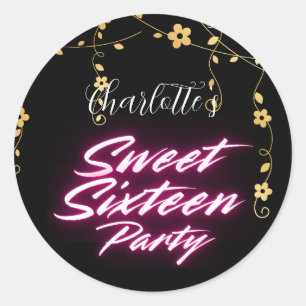 Elegante neon Pink Black Retro Sweet 16e verjaarda Ronde Sticker