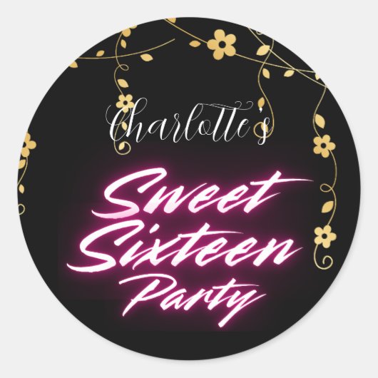 Elegante neon Pink Black Retro Sweet 16e verjaarda Ronde Sticker (Voorkant)