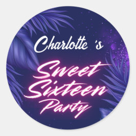 Elegante neon Pink Black Retro Sweet 16e verjaarda Ronde Sticker