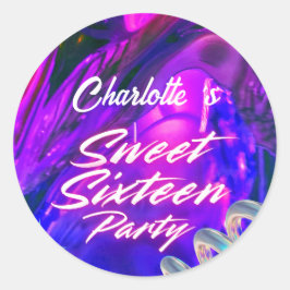 Elegante neon Pink Black Retro Sweet 16e verjaarda Ronde Sticker
