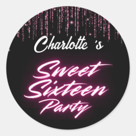 Elegante neon Pink Black Retro Sweet 16e verjaarda Ronde Sticker