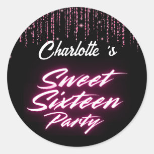 Elegante neon Pink Black Retro Sweet 16e verjaarda Ronde Sticker