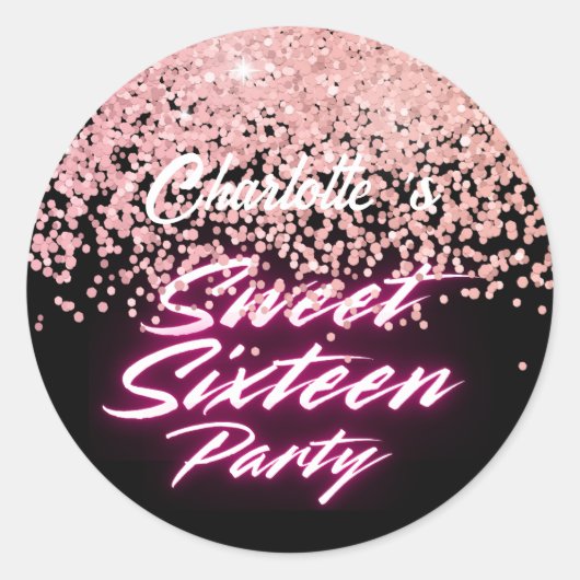 Elegante neon Pink Black Retro Sweet 16e verjaarda Ronde Sticker (Voorkant)