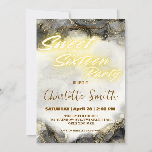 Elegante neon roze marmer Gold Sweet 16th Birthday (Voorkant)