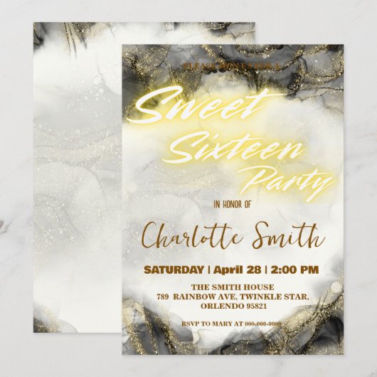 Elegante neon roze marmer Gold Sweet 16th Birthday (Voorkant / Achterkant)