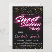Elegante neon roze retro Gold Sweet 16th Birthday Kaart (Voorkant)