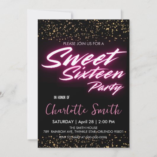Elegante neon roze retro Gold Sweet 16th Birthday Kaart (Voorkant)