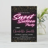 Elegante neon roze retro Gold Sweet 16th Birthday Kaart (Staand voorkant)