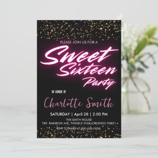 Elegante neon roze retro Gold Sweet 16th Birthday Kaart (Staand voorkant)