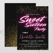 Elegante neon roze retro Gold Sweet 16th Birthday Kaart (Voorkant / Achterkant)