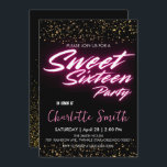 Elegante neon roze retro Gold Sweet 16th Birthday Kaart<br><div class="desc">Elegante neon roze retro Goud zwart Sweet 16th Birthday Party</div>
